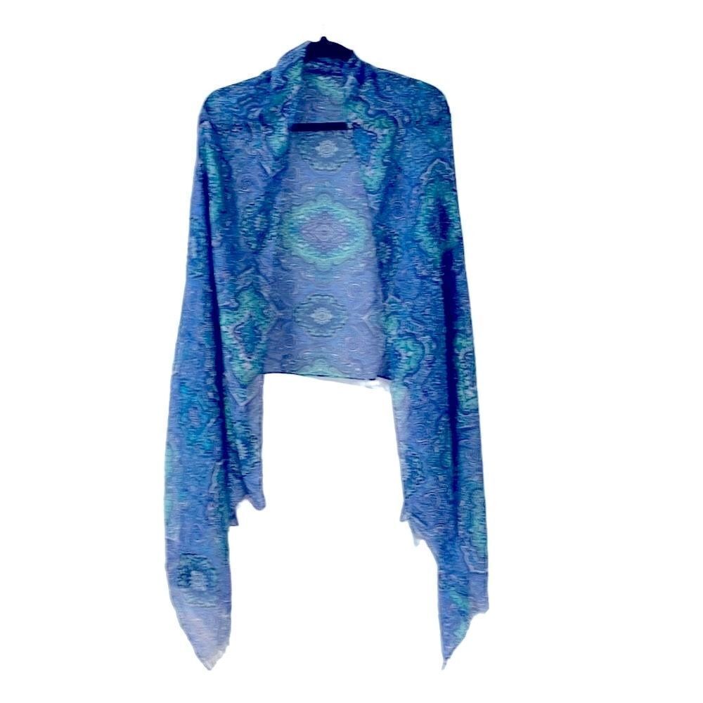 Large blue and aqua medallion pattern long rectangle scarf
